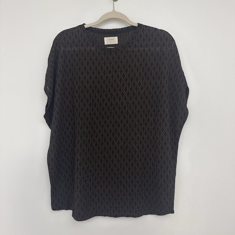 Billy Reid Mens L Wool Blend Boxy Brown Black Short Sleeve Semi Sheer Shirt